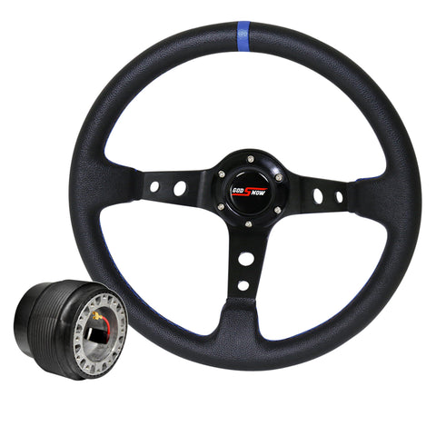 For 90-93 Accord 350Mm Deep Dish Black Steering Wheel Blue Stitching + Adapter