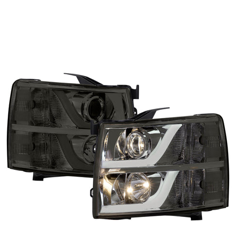 Smoked Led Drl Tube Projector Headlights Lamp For 2007-2013 Chevy Silverado 1500