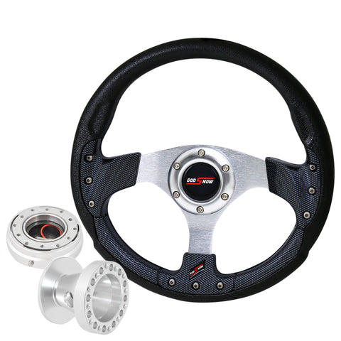 For 92-95 Civic + Carbon Fiber Silver Center Steering Wheel + Quick Release