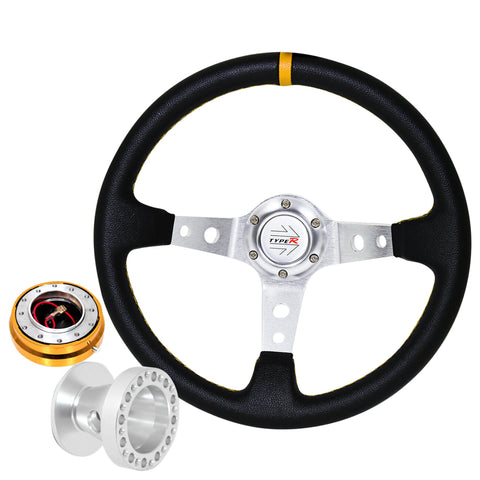 For 84-89 Corolla Deep Dish Black Steering Wheel + Gold Quick Release + Adapter