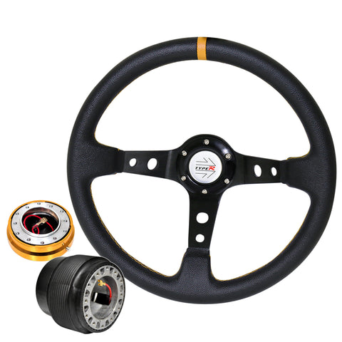 For 90-93 Integra Hub Gold Release Deep Dish Black Steering Wheel Yellow Type-R