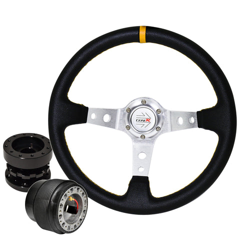 For 90-96 300Zx Deep Dish Black Steering Wheel + Black Hub Extender + Adapter