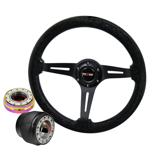 For 96-05 Civic Black Wood Grain Sparkling Steering Wheel + Slim Quick Release