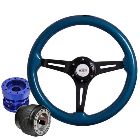 Hub Extender For 96-05 Civic + Blue Wood Black Center Deep Dish Steering Wheel