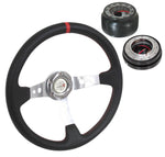 88-91 Civic Red Stitch 350Mm Steering Wheel + Adapter Hub + Quick Release Black