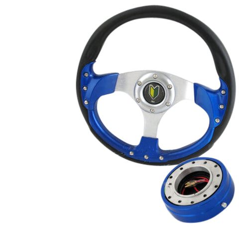 320Mm Steering Wheel + 1.5" Thin Blue Quick Release & Jdm Horn Button Kit