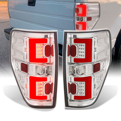 Chrome Red Streak Led Tube Tail Lights Brake Lamps Pair For 2009-2014 Ford F-150