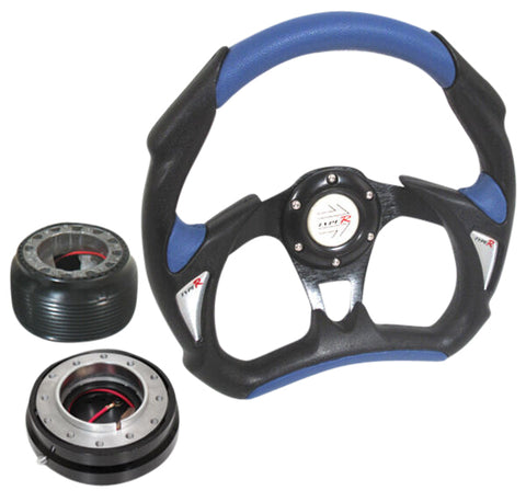 Black/Blue 320Mm Steering Wheel + Adapter Hub + Quick Release For 88-91 Prelude
