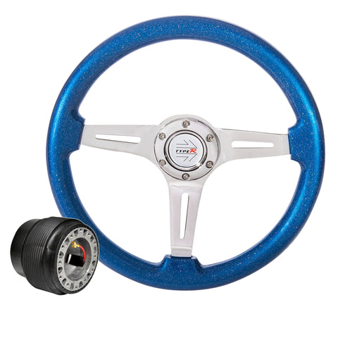 For 94-01 Integra Adapter + Metallic Blue Chrome Center Deep Dish Steering Wheel