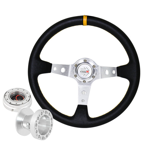 For 96-00 Civic Deep Dish Black Steering Wheel + Slim Quick Release + Adapter