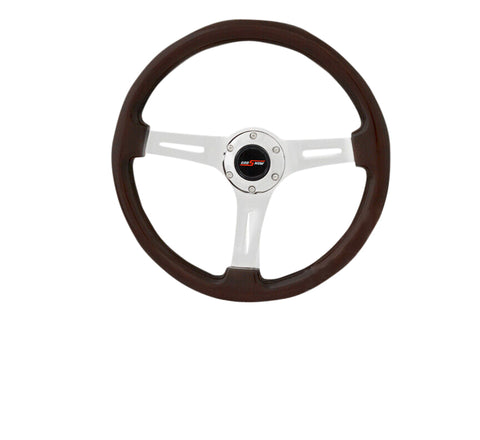 345Mm Dark Wood Grain Silver 6-Bolt Hole Steering Wheel + Jdm God Snow Button