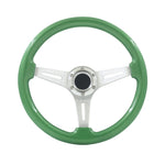 Jdm 6-Hole Chrome Aluminum Deep Dish Green Wood Steering Wheel W/ Horn 14" 350Mm
