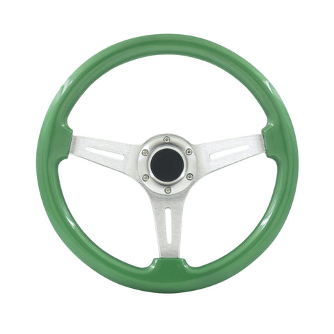 Jdm 6-Hole Chrome Aluminum Deep Dish Green Wood Steering Wheel W/ Horn 14" 350Mm