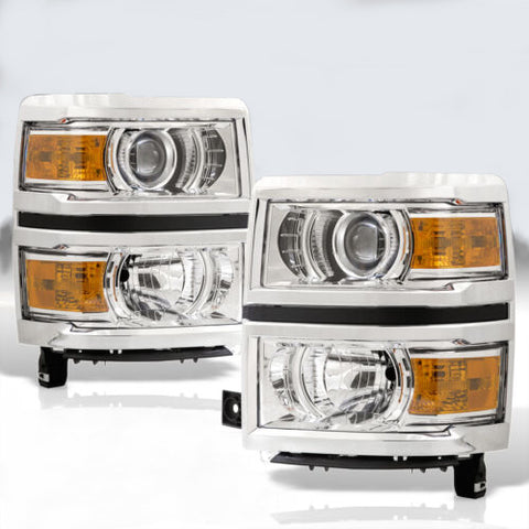 Chrome Amber Projector Headlights Lamps Lh Rh For 2014-2015 Chevy Silverado 1500