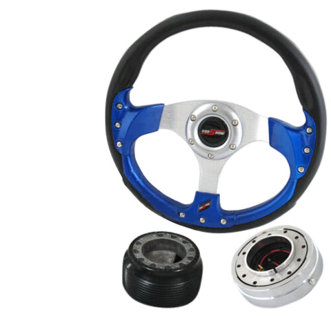 320Mm 6 Bolt Mounting Interior Blue Steering Wheel + Hub Adapter + Horn Button