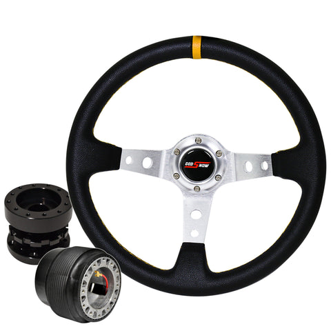 For 86-98 Rx7 Deep Dish Black Steering Wheel + Black Hub Extender + Adapter