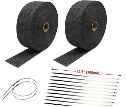 2 Roll X 2" 50Ft Black Fiberglass Exhaust Header Pipe Heat Wrap Tape+20 Ties Kit