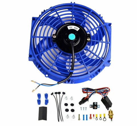 Universal 10" Electric Radiator Cooling Fan Blue + 3/8" Thermostat Switch Relay