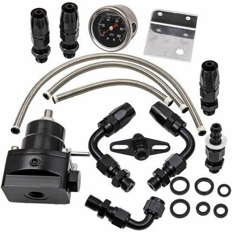 Universal Adjustable Fuel Pressure Regulator Kit 100psi Guage AN6 Fitting Black