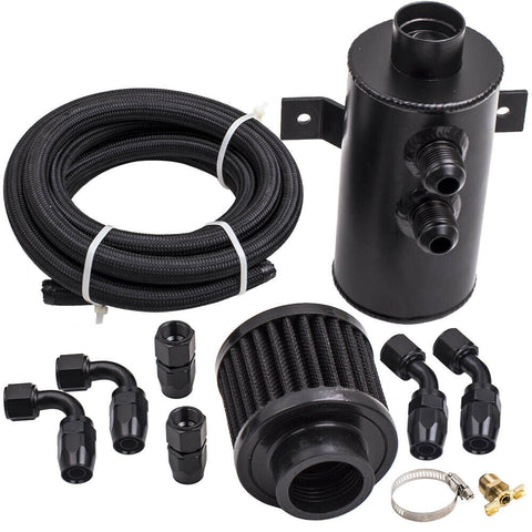 Black Aluminum Baffled Motor Engine Oil Catch Can 750mL+45 Degree Hose Fitting