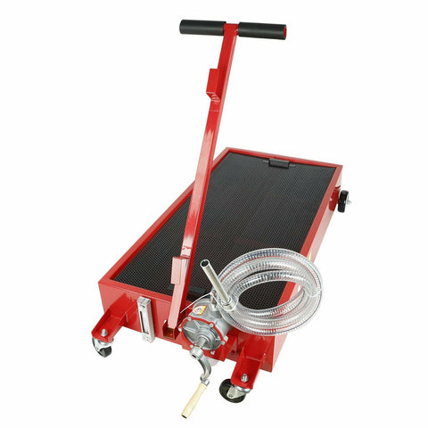 20 Gallon Oil Drain Pan Low Profile Dolly w/ Pump 8' Hose Wheels Car Truck Red