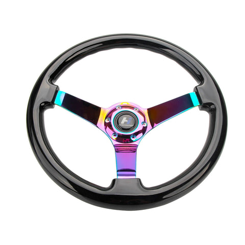 14" Wooden Steering Wheel Wood Grain 6 Bolts 3" Depth Neo Chrome Spoke Black