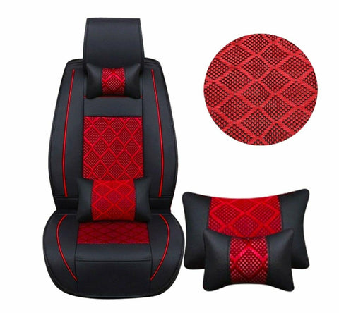 5-Seats PU Leather SUV Car Seat Cover Cushion Full Set w/ Red Cooling Mesh