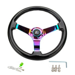Hiwowsport 14" Wood Black Grain Steering Wheel 6 Bolts 3" Depth Neo Chrome Spoke