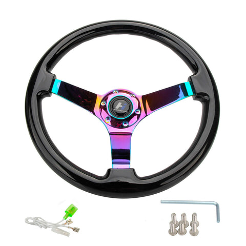 Hiwowsport 14" Wood Black Grain Steering Wheel 6 Bolts 3" Depth Neo Chrome Spoke