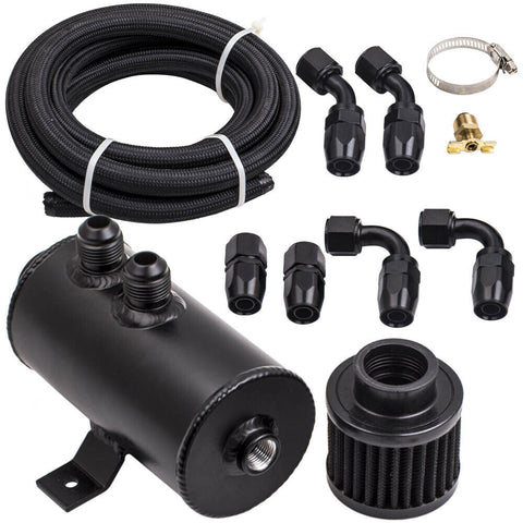 750mL Universal Aluminum Baffled Motor Engine Oil Catch Can 0.75L+Hose Kit AN10