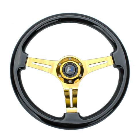 350mm 14" Black Steering Wheel 6 Bolts 1.75" Dish Horn Gold Chromed Spoke