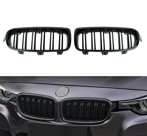 Gloss Black For 2012-2018 BMW F30 F31 3 Series Twin FIns Front Bumper Grille