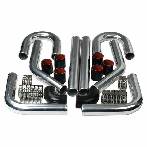 3" Aluminum Turbo Intercooler 45/90 Degree Piping+U Pipe+Silicone Hose+Clamps BK