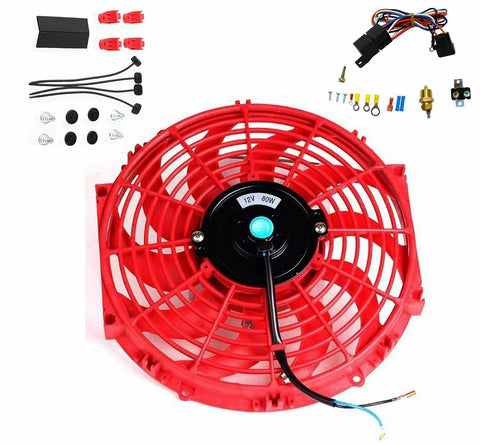 12" Red Electric Radiator Slim Push Cooling Fan + 3/8"Thermostat Relay Wire Kit