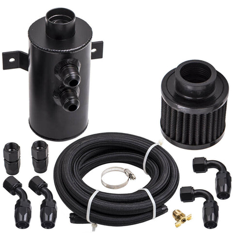 0.75L Aluminum Baffled Motor Engine Oil Catch Can Tank w/ Hose Kit AN10 Black