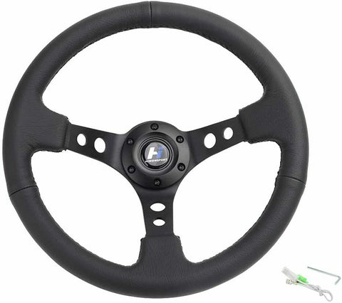 REINFORCED 350MM ALUMINUM BLACK LEATHER 3"DEEP DISH RACING STEERING WHEEL