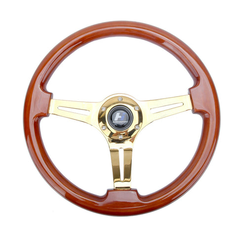 350mm 1.75" Deep Dish Heavy Duty 6 Bolt Steering Wheel Gold Chrome Spoke Wood