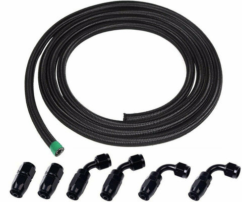 6AN 12Ft Black Stainless Steel Fuel Line + 6Pcs Swivel Fitting Hose Set