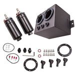 Black Aluminum 3L High Flow Dual Fuel Surge Tank + 2x External 044 Fuel Pumps