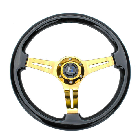 Hiwowsport 14" Black Steering Wheel 6 Bolts 1.75" Dish Horn Gold Chromed Spoke
