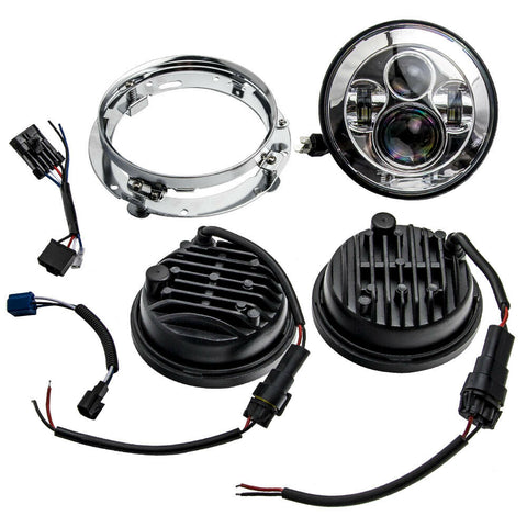 7" Black LED Headlight + Passing Lights + Mount Ring kit For Harley Replacement