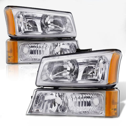 4Pc Clear Headlights + Bumper Lamp For 2003-2006 Chevy Silverado 1500 2500 3500