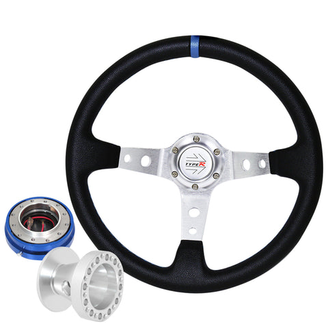 Quick Release For 86-01 Integra Hub Deep Dish Black Steering Wheel Silver Center