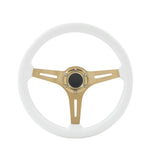 Deep Dish 6-Bolt White Wood Gold Steel Steering Wheel + Horn Universal 350Mm 14"