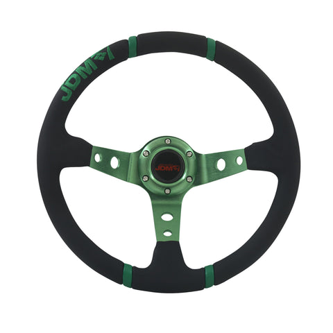 Black Pvc Green Pin Stripes W/ Horn Universal Jdm Sport 14" 350Mm Steering Wheel